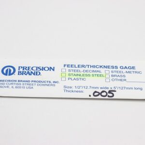 0.005" Thick, 300 Series Feeler Gauge Stainless Steel 1/2" x 5" Long Blades, Pack of 10, 77255