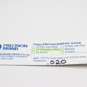 0.020" Thick, 300 Series Feeler Gauge Stainless Steel 1/2" x 5" Long Blades, Pack of 10, 77590